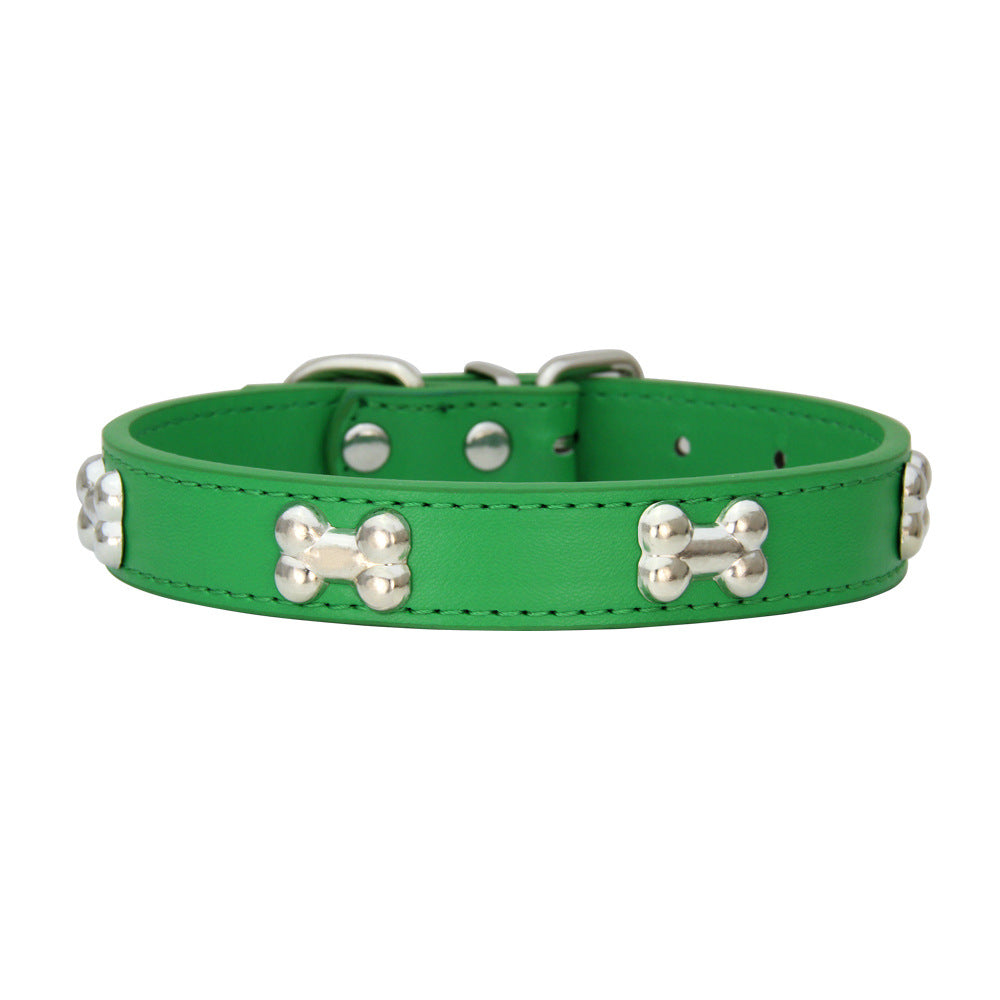 SilverBone Leather Dog Collar with Alloy Bone Buckle – Adjustable | 16 Colours | 4 Sizes