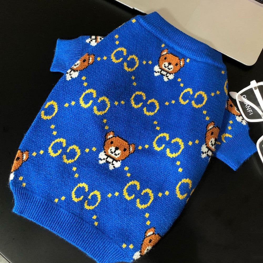 Blue Bear Gucci Style Print Dog Sweater - Cute Pet Fashion