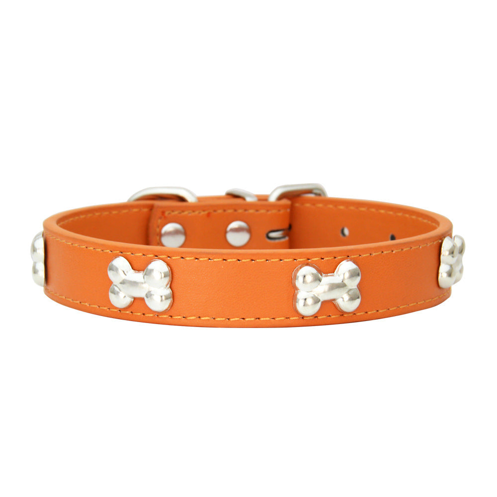 SilverBone Leather Dog Collar with Alloy Bone Buckle – Adjustable | 16 Colours | 4 Sizes