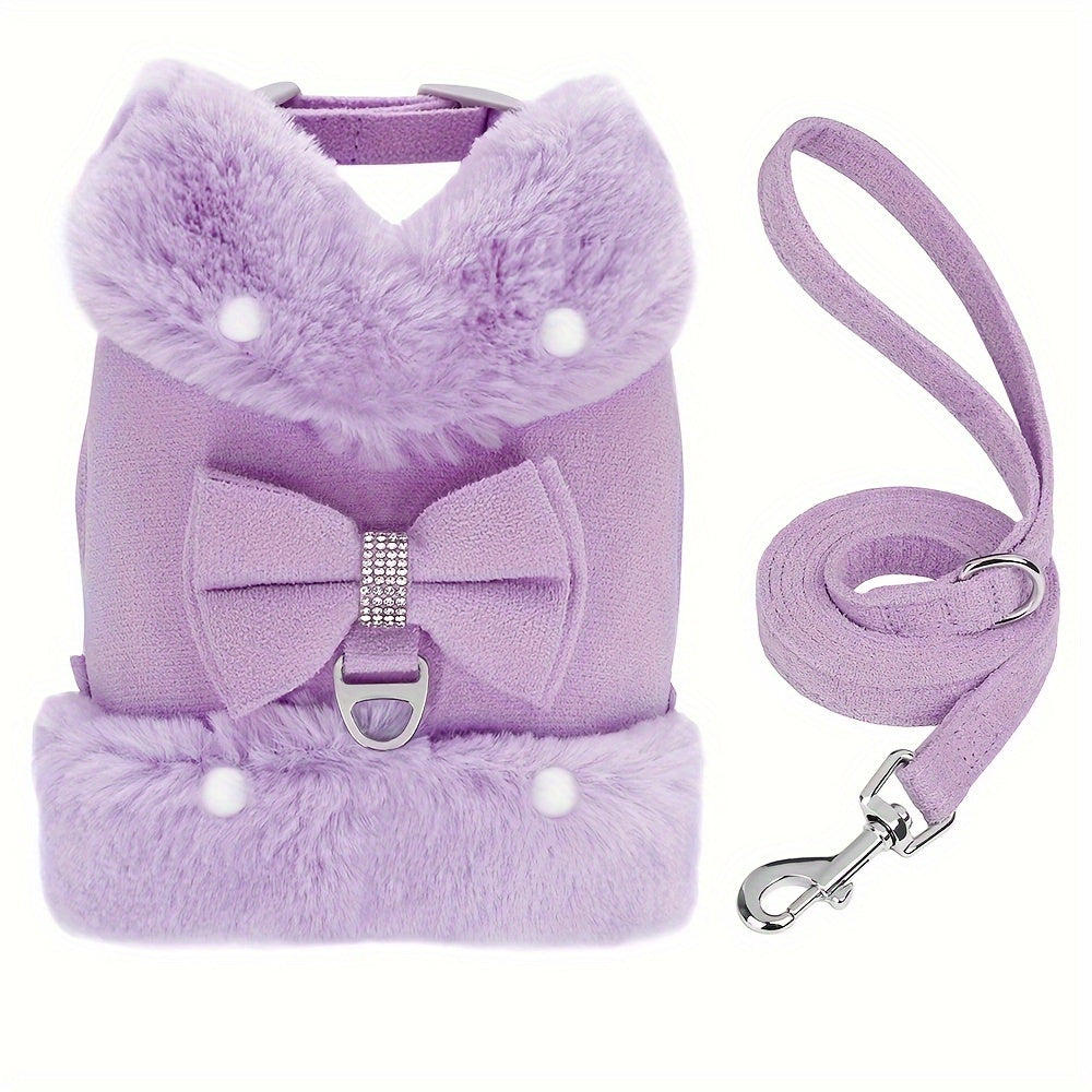 For Small And Medium Sized Dogs, Soft Fabric Dog Bow Tie Vest Harness Dress With Walking Traction Rope, Warm Dog Harness And Leash Set