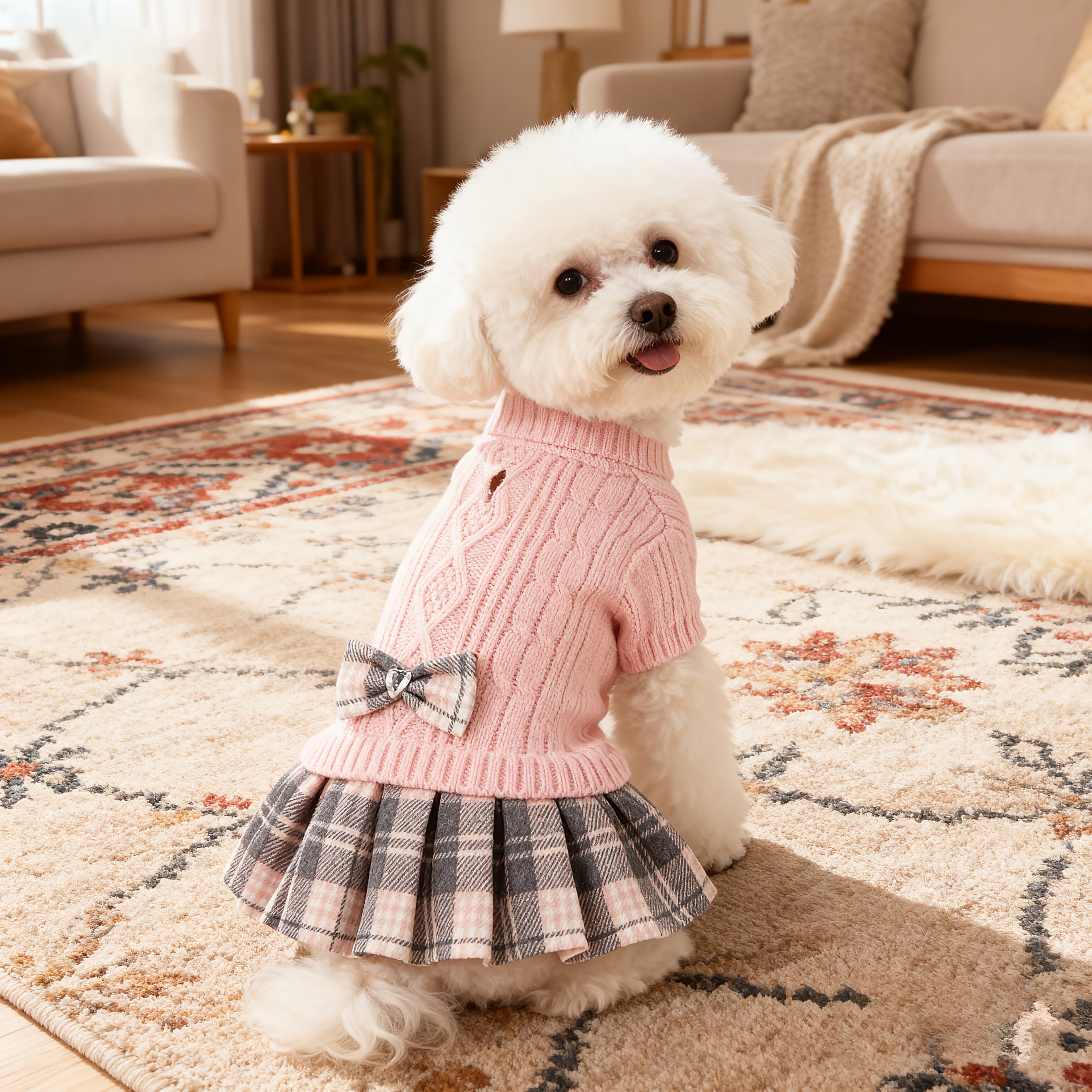 Christmas Sweater Dress for Small Dogs – Red & Black Plaid Knit with Bowtie