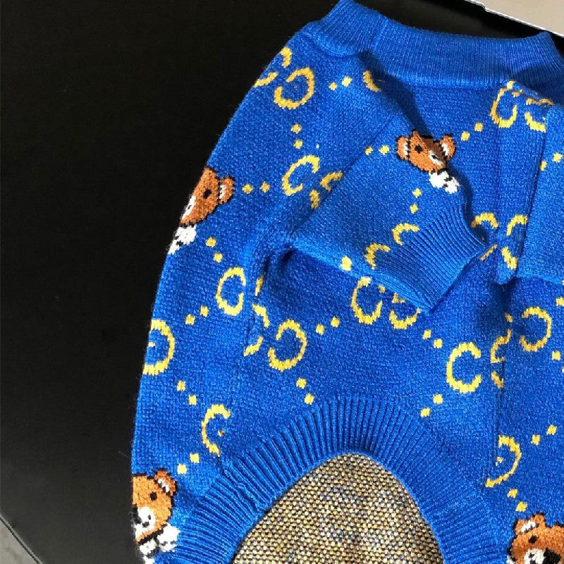 Blue Bear Gucci Style Print Dog Sweater - Cute Pet Fashion