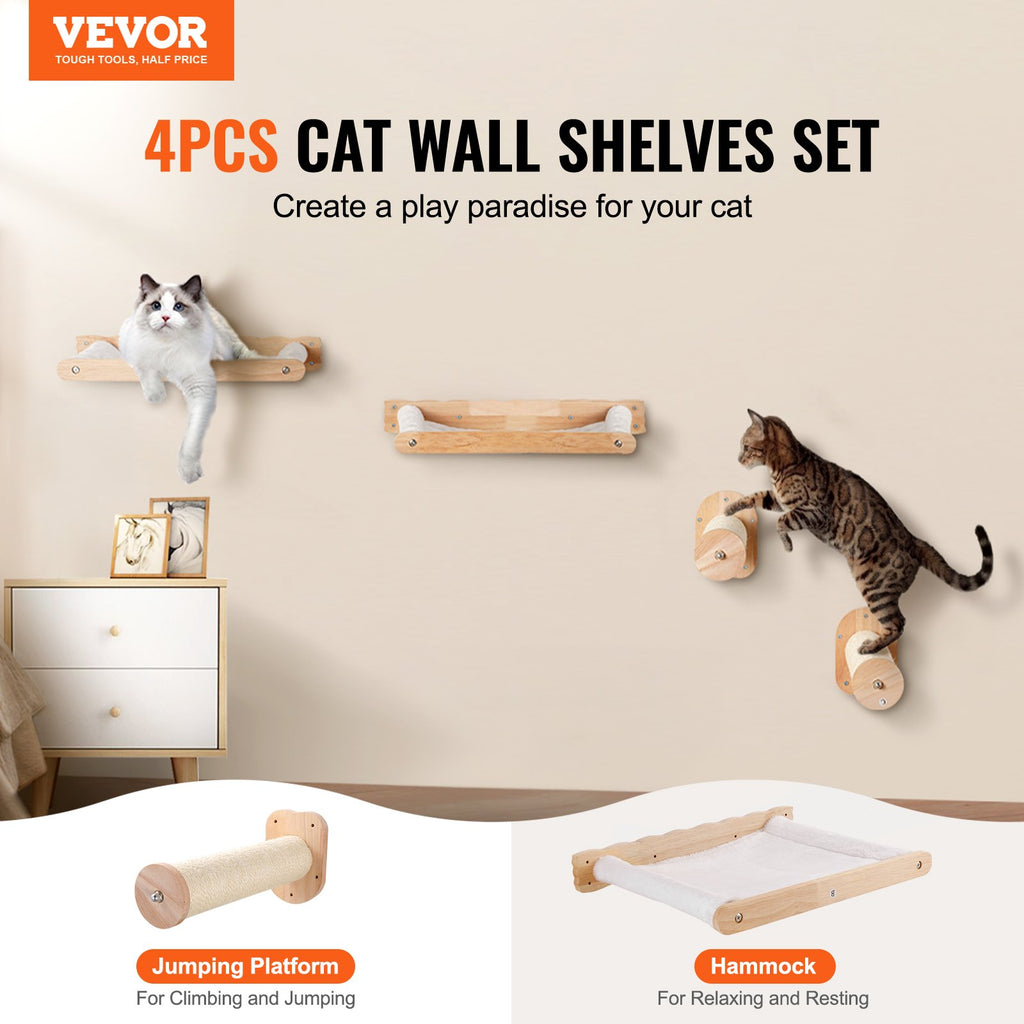 Wall Mounted Cat Shelves with Hammocks & Jumping Posts