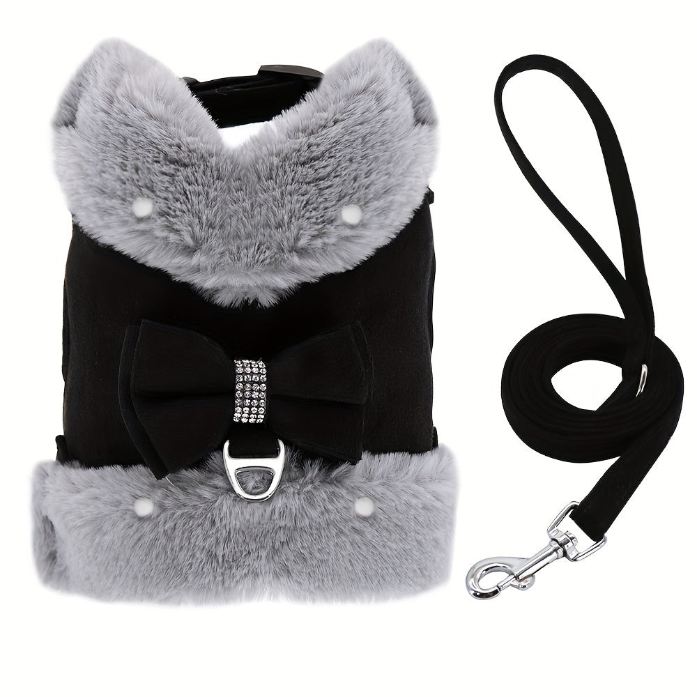 For Small And Medium Sized Dogs, Soft Fabric Dog Bow Tie Vest Harness Dress With Walking Traction Rope, Warm Dog Harness And Leash Set