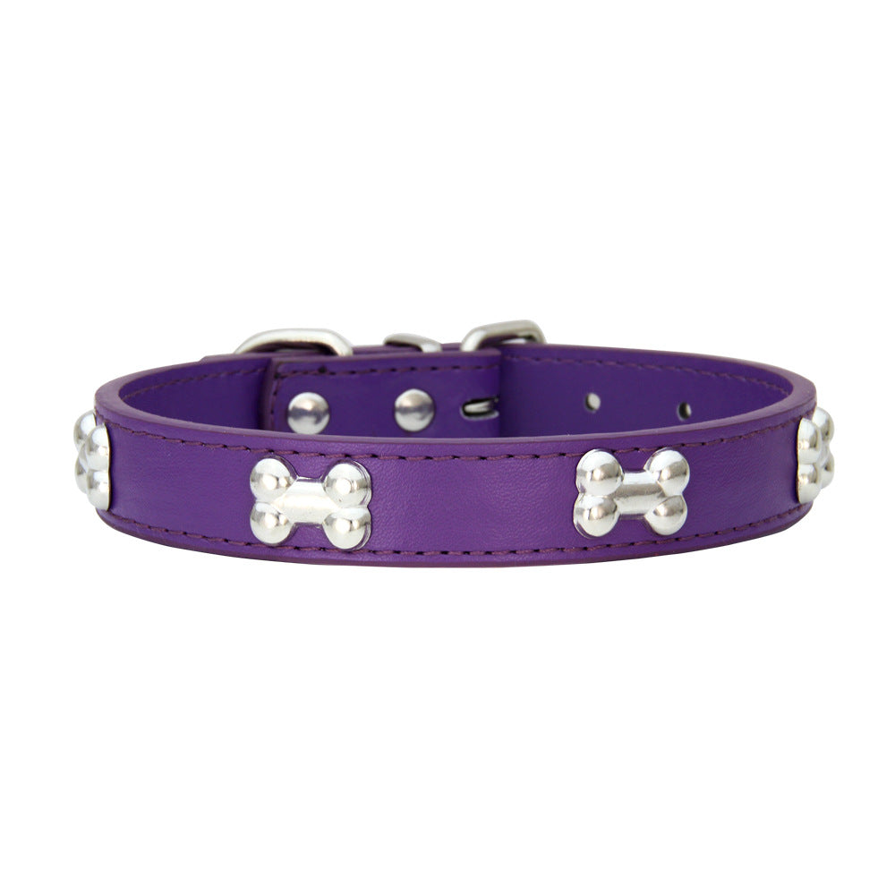 SilverBone Leather Dog Collar with Alloy Bone Buckle – Adjustable | 16 Colours | 4 Sizes