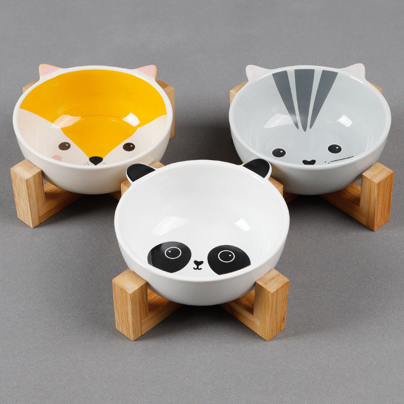 Elevated Ceramic Pet Bowl on Bamboo Stand – Neck-Friendly Raised Feeder | Grey Cat, Panda & Pink Fox
