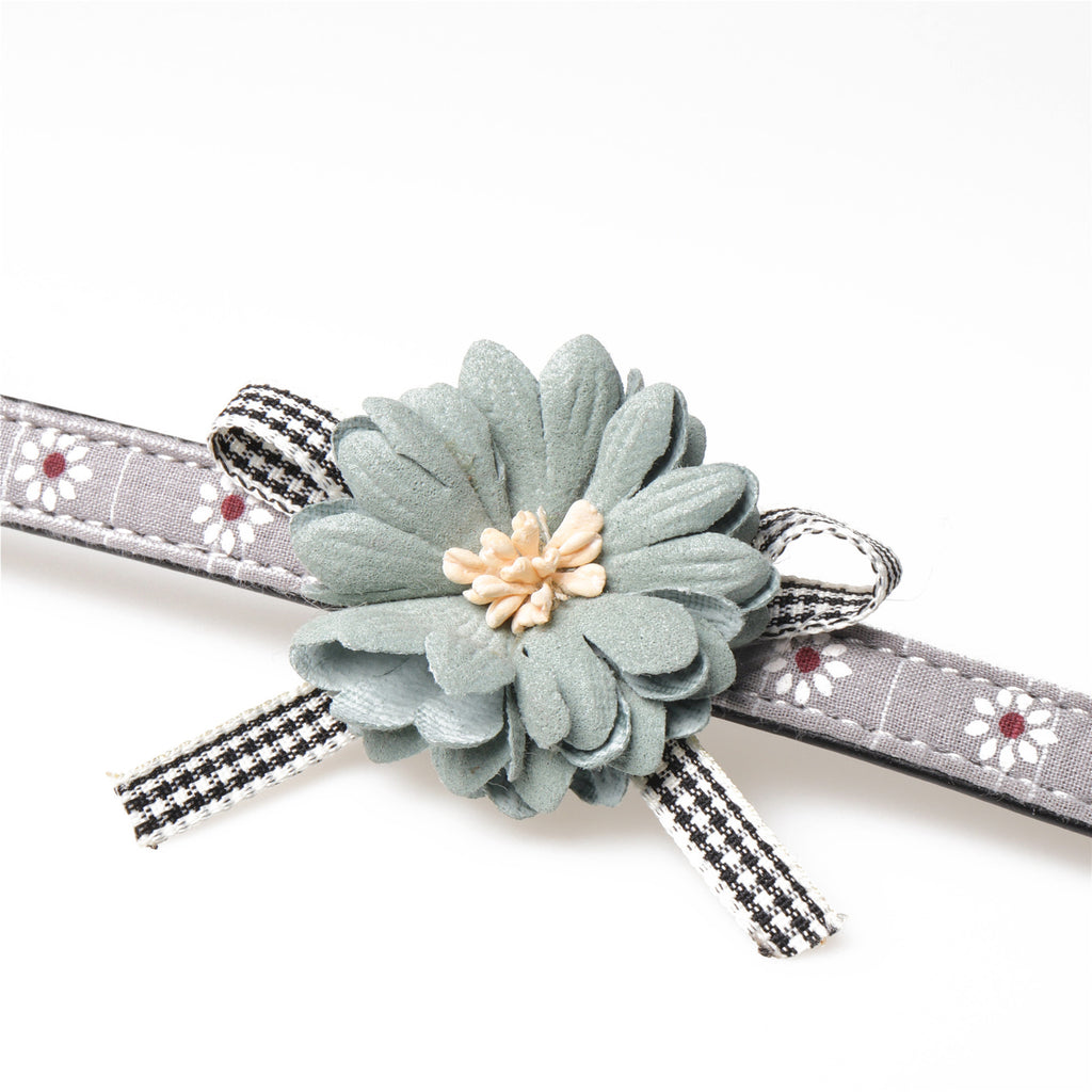 Flower Pinned Leather Pet Collar – Adjustable | Pink & Grey | 3 Collar Sizes + Matching Lead