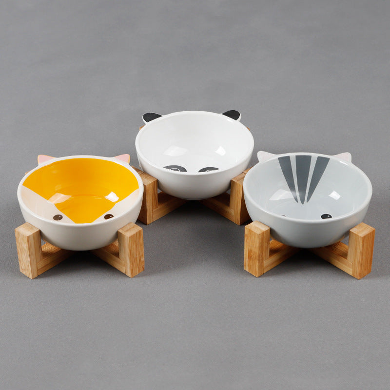 Elevated Ceramic Pet Bowl on Bamboo Stand – Neck-Friendly Raised Feeder | Grey Cat, Panda & Pink Fox