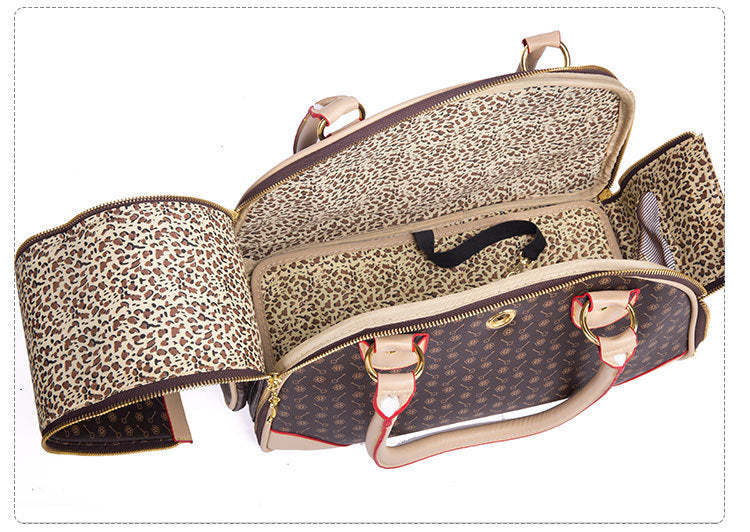 LV Style Leather Pet Carrier Bag - Stylish Travel Bag for Small Dogs & Cats