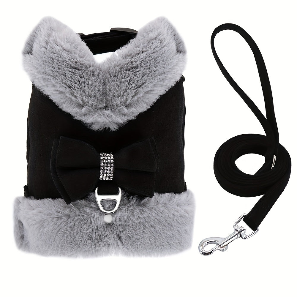 For Small And Medium Sized Dogs, Soft Fabric Dog Bow Tie Vest Harness Dress With Walking Traction Rope, Warm Dog Harness And Leash Set
