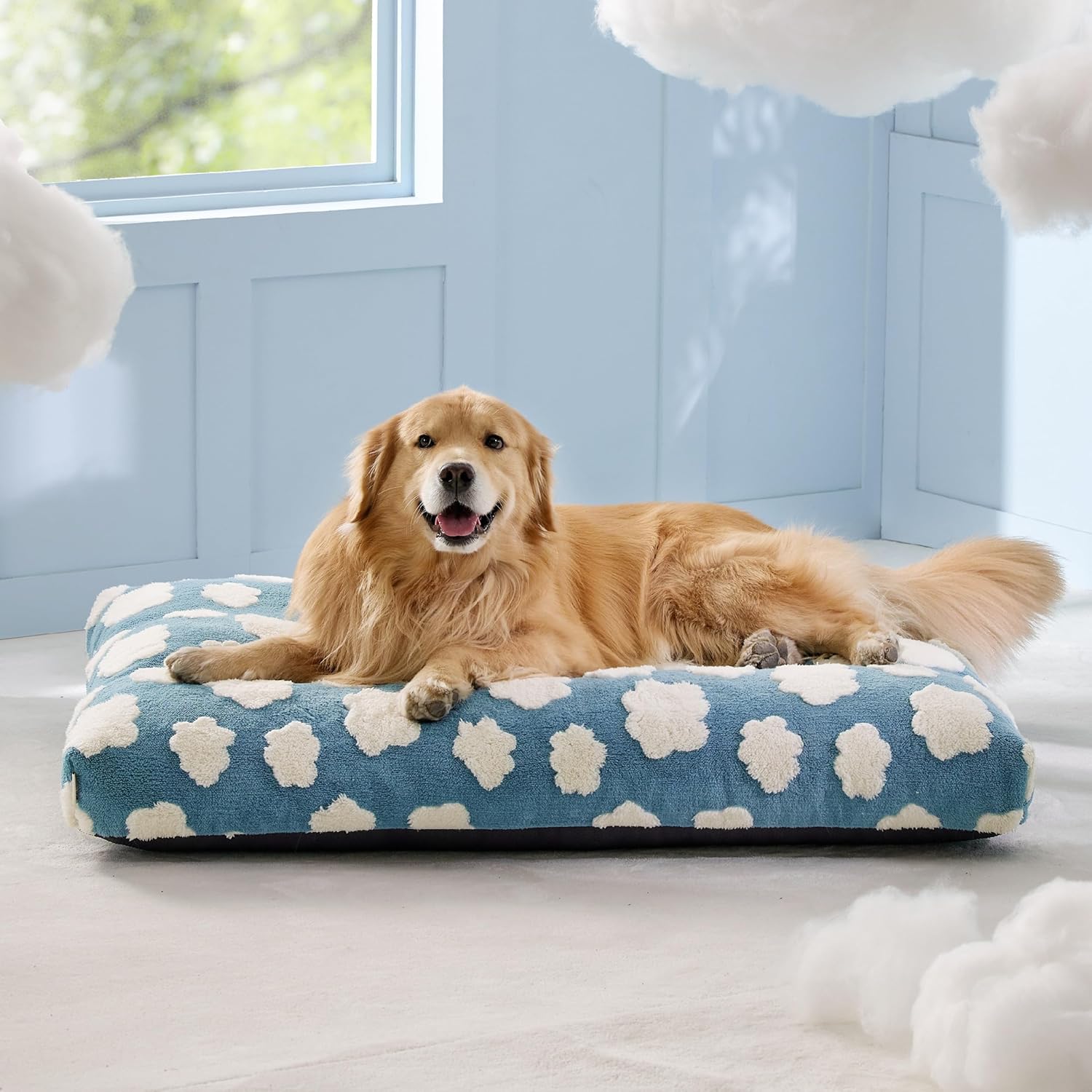 Themed Foam Dog Bed with Removable Washable Cover (Blue/Green    Flowers/Clouds)