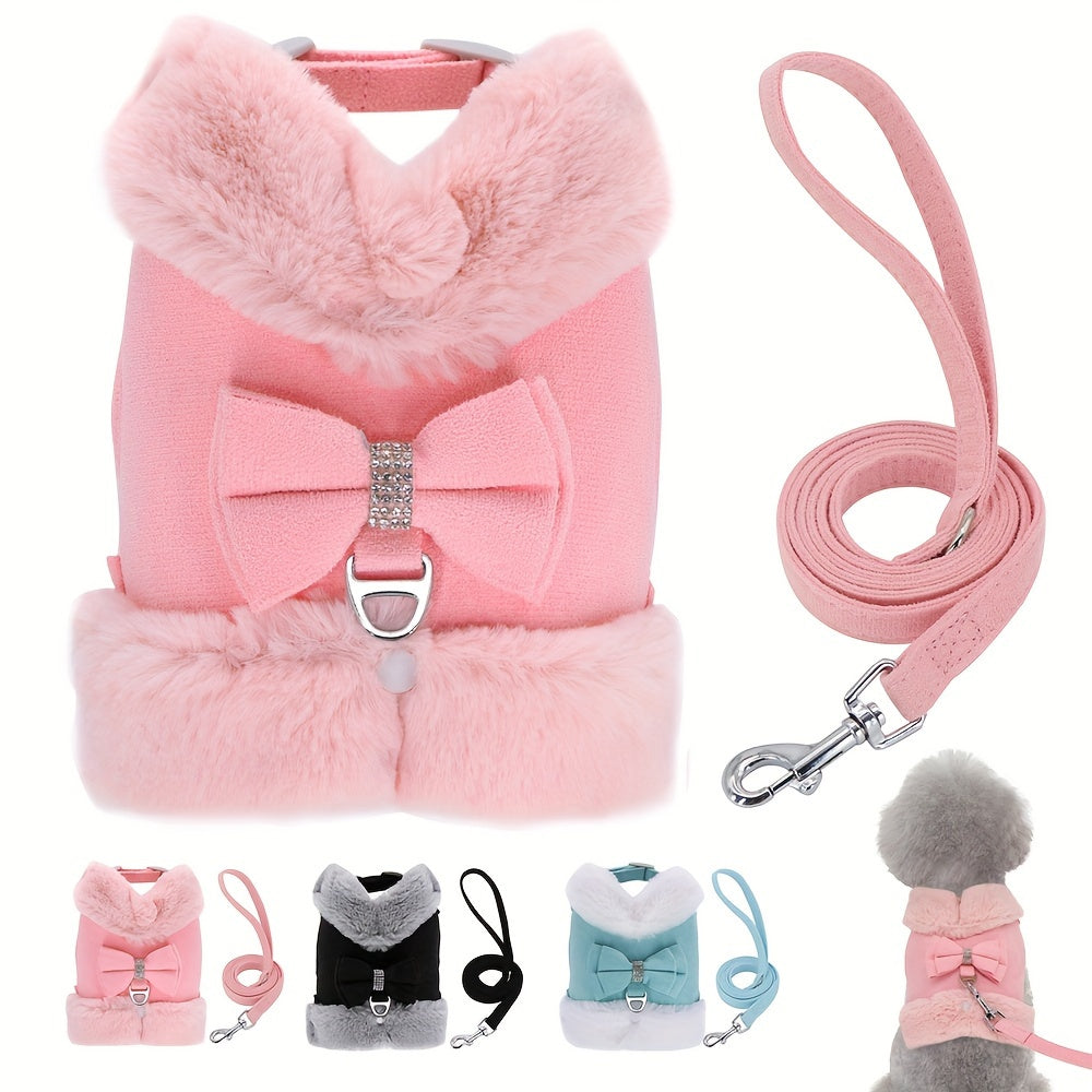 For Small And Medium Sized Dogs, Soft Fabric Dog Bow Tie Vest Harness Dress With Walking Traction Rope, Warm Dog Harness And Leash Set