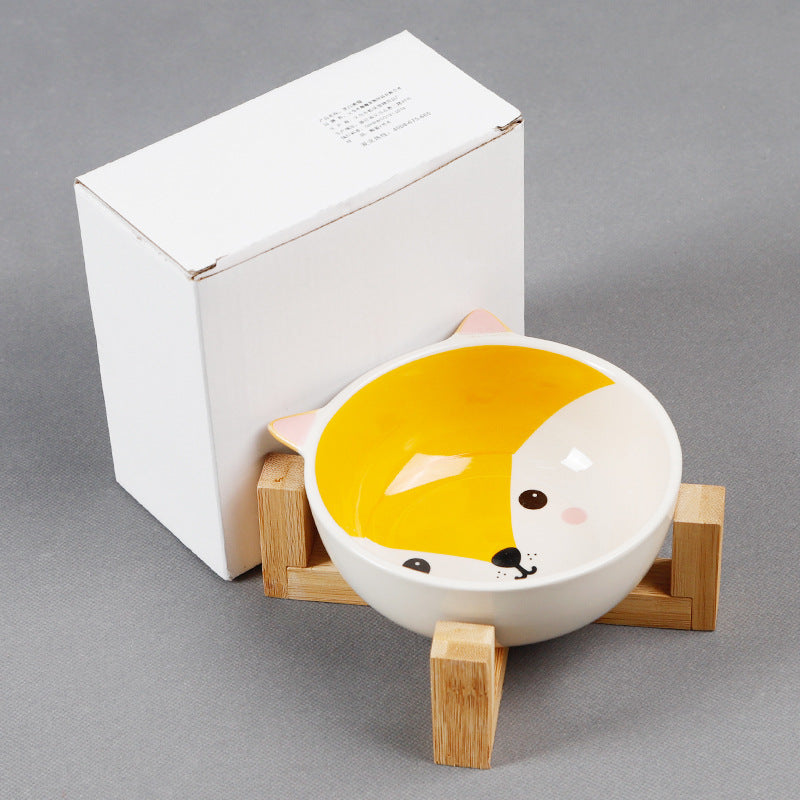 Elevated Ceramic Pet Bowl on Bamboo Stand – Neck-Friendly Raised Feeder | Grey Cat, Panda & Pink Fox