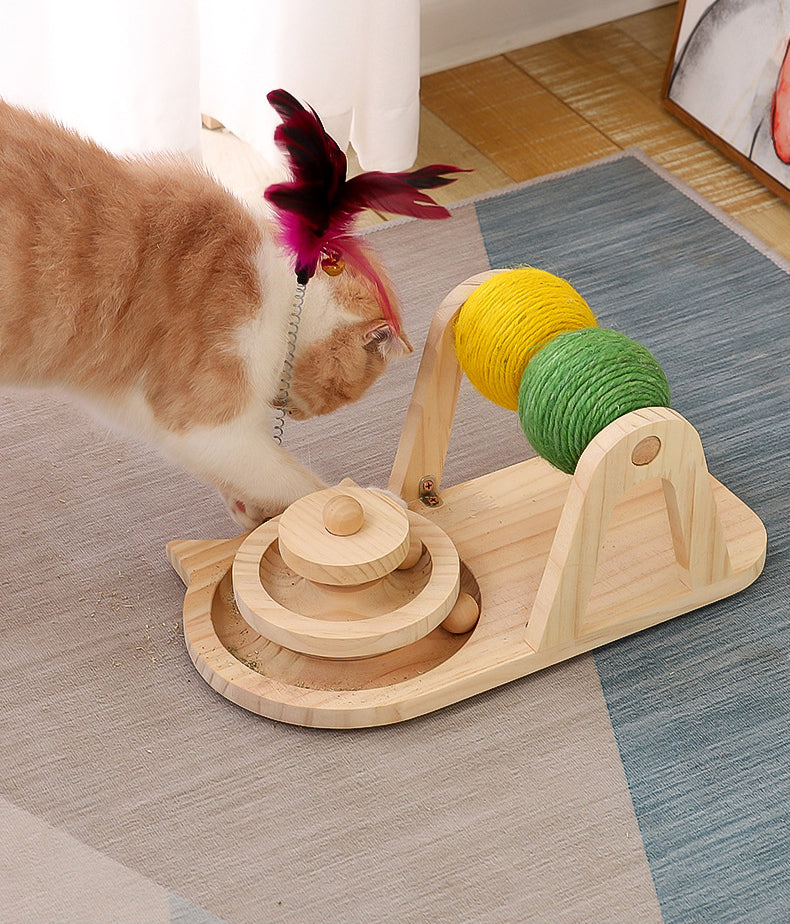 Wood Sisal Ball Cat Turntable Toy - Natural & Interactive