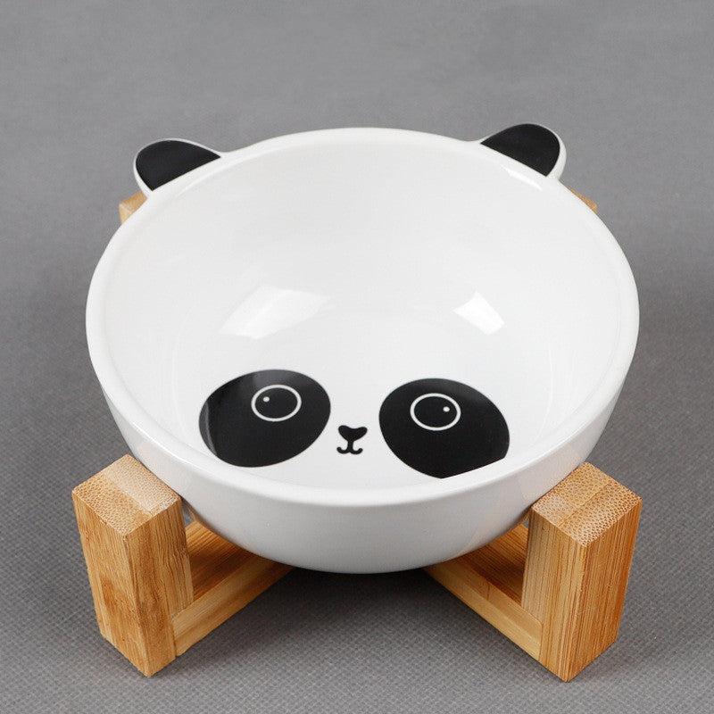 Elevated Ceramic Pet Bowl on Bamboo Stand – Neck-Friendly Raised Feeder | Grey Cat, Panda & Pink Fox
