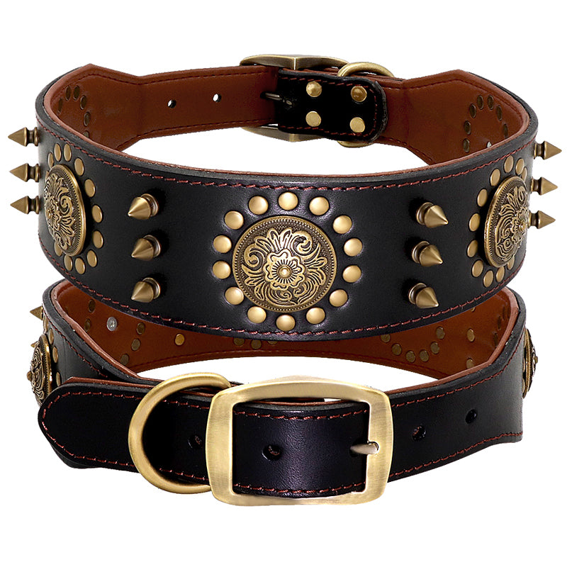 Studded Leather Dog Collar for Large Dogs – Durable Real Leather with Spike Detail | Brown & Black | L & XL