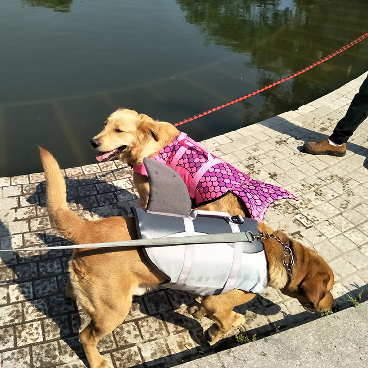 Shark & Mermaid Pet Life Jacket – Polyester Swim Vest for Dogs | Rose Red & Silver Grey | XS–XL