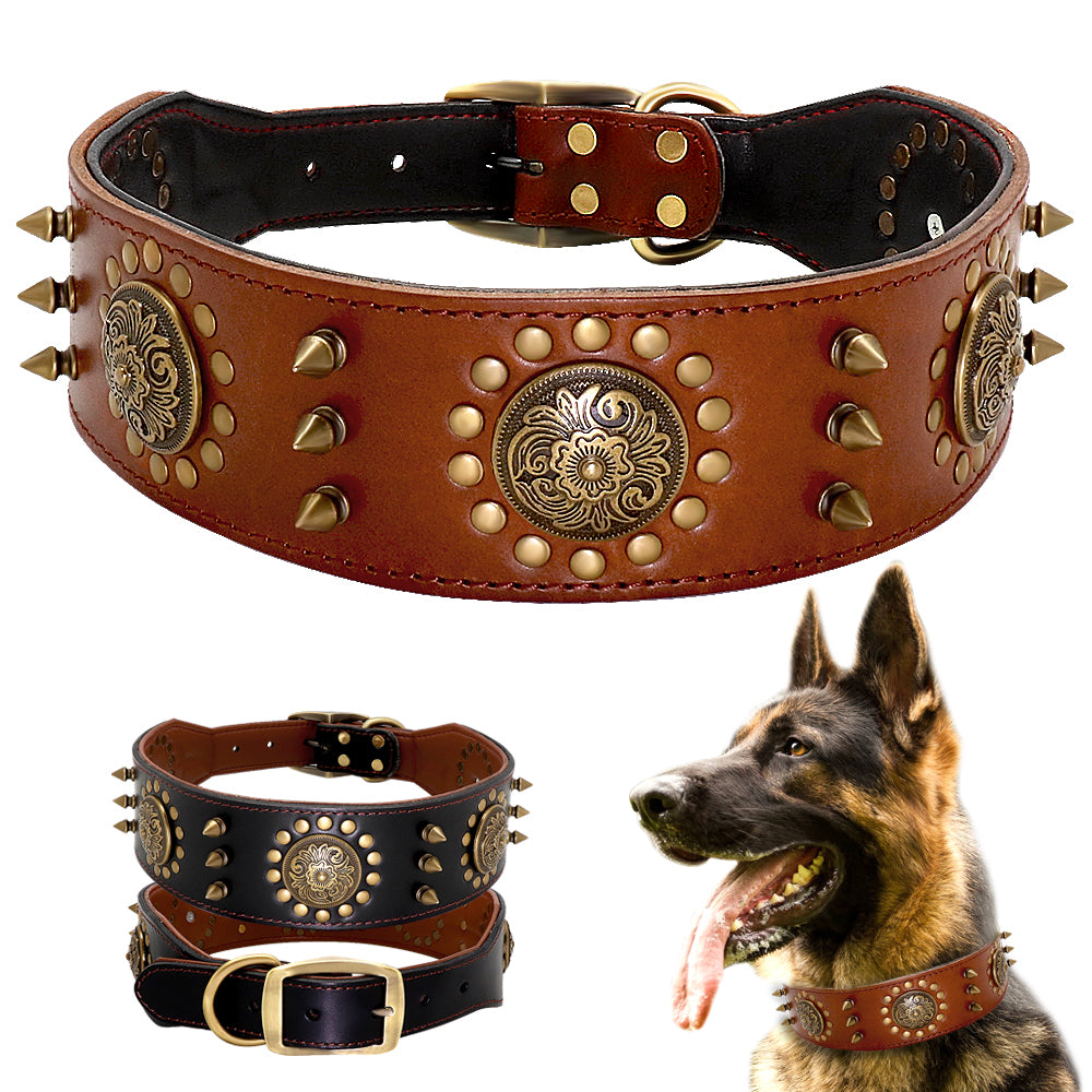 Studded Leather Dog Collar for Large Dogs – Durable Real Leather with Spike Detail | Brown & Black | L & XL