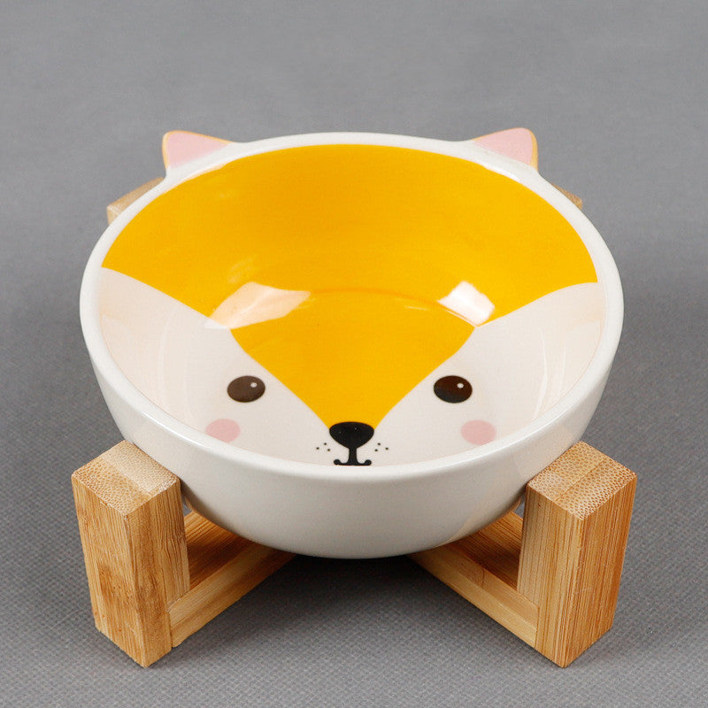 Elevated Ceramic Pet Bowl on Bamboo Stand – Neck-Friendly Raised Feeder | Grey Cat, Panda & Pink Fox