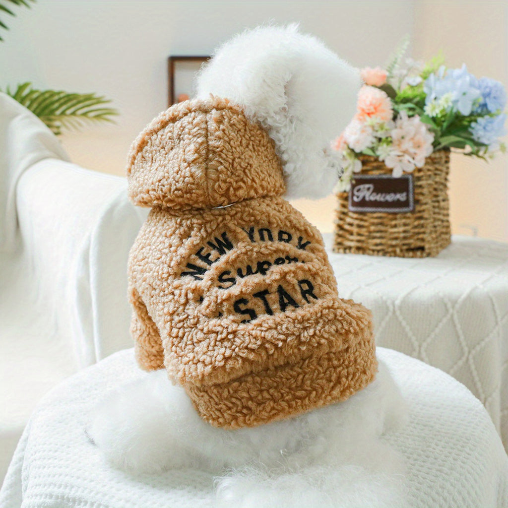 New York Super Star Fleece Dog Coat - Caramel Brown, Suitable for Small Breeds, Winter & Autumn, Button Closure, Polyester Material