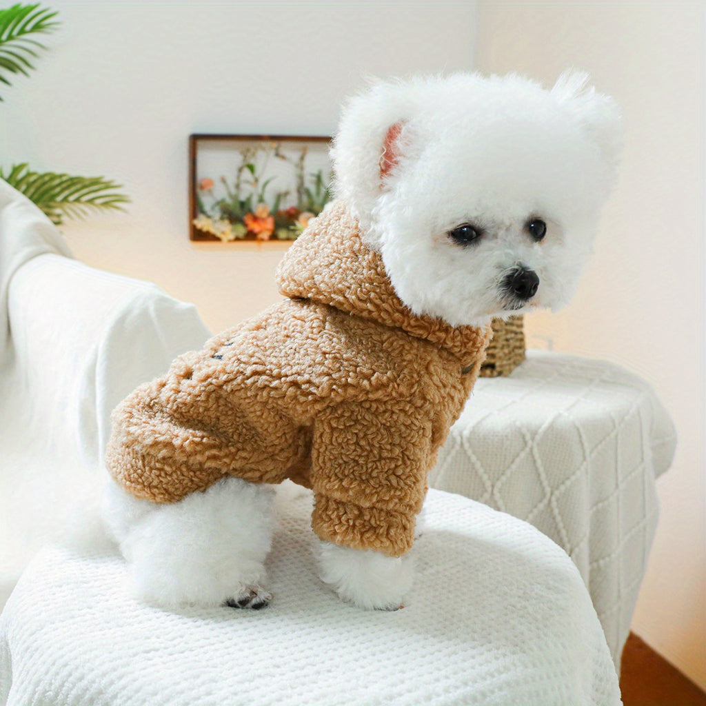 New York Super Star Fleece Dog Coat - Caramel Brown, Suitable for Small Breeds, Winter & Autumn, Button Closure, Polyester Material
