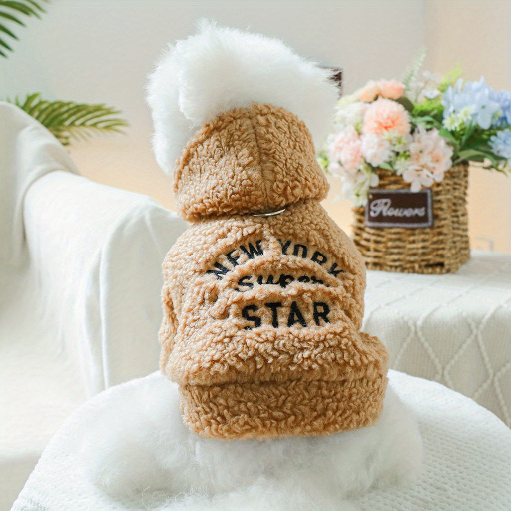 New York Super Star Fleece Dog Coat - Caramel Brown, Suitable for Small Breeds, Winter & Autumn, Button Closure, Polyester Material