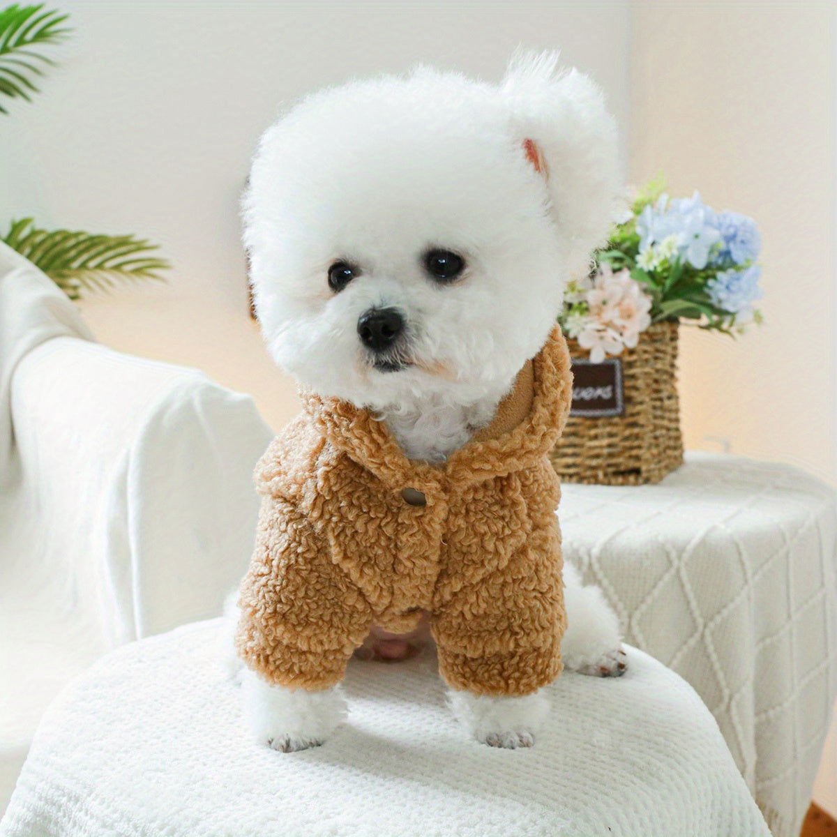New York Super Star Fleece Dog Coat - Caramel Brown, Suitable for Small Breeds, Winter & Autumn, Button Closure, Polyester Material