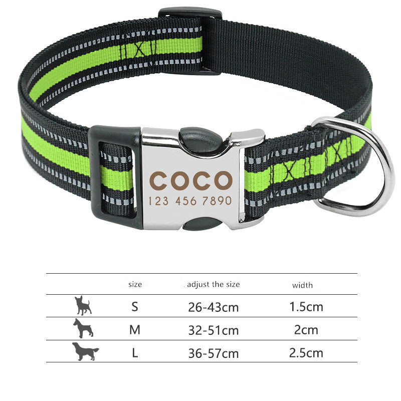 Custom Engraved Reflective Dog Collar - Personalised Name, Nylon, S/M/L
