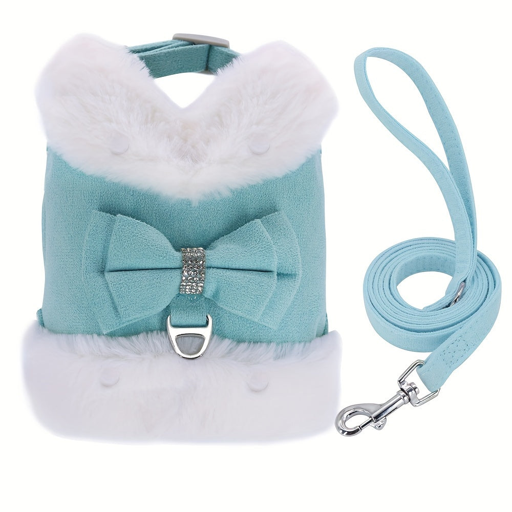 For Small And Medium Sized Dogs, Soft Fabric Dog Bow Tie Vest Harness Dress With Walking Traction Rope, Warm Dog Harness And Leash Set