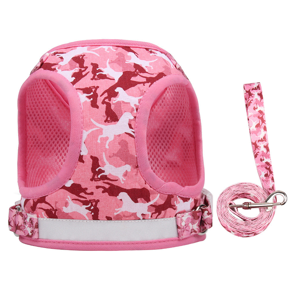 Reflective Breathable Pet Harness & Lead Set – Printed Design | Blue, Pink, Grey & Yellow | S–XL
