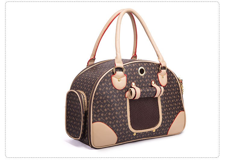 LV Style Leather Pet Carrier Bag - Stylish Travel Bag for Small Dogs & Cats