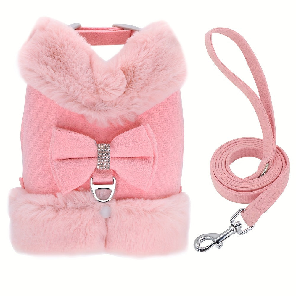 For Small And Medium Sized Dogs, Soft Fabric Dog Bow Tie Vest Harness Dress With Walking Traction Rope, Warm Dog Harness And Leash Set
