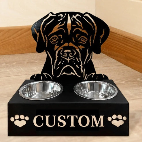 Personalised Dog Food Bowl Rack - Custom Name, Wrought Iron, 33x17cm