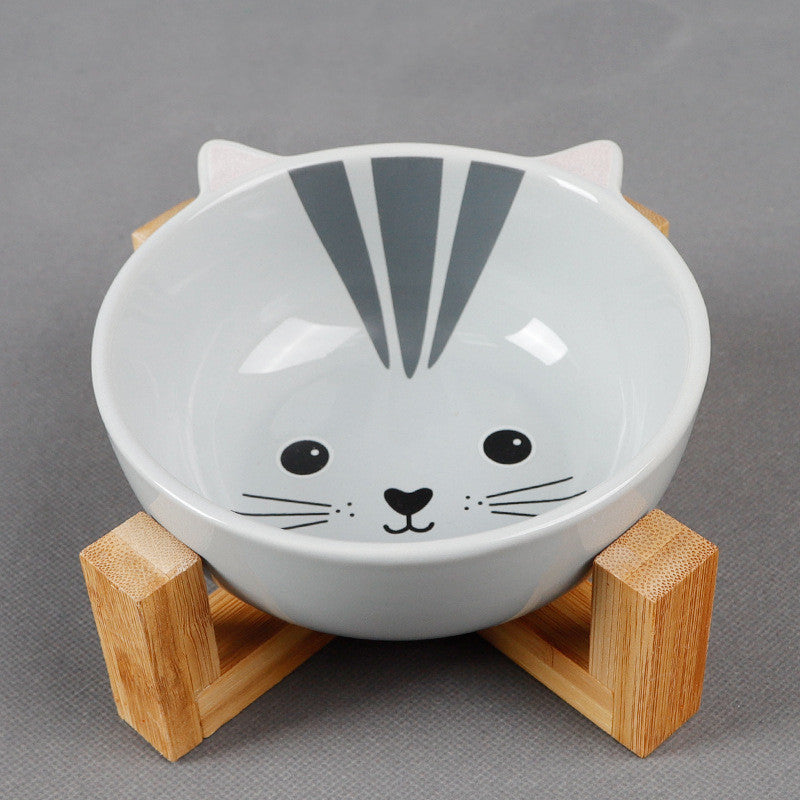 Elevated Ceramic Pet Bowl on Bamboo Stand – Neck-Friendly Raised Feeder | Grey Cat, Panda & Pink Fox