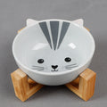 Elevated Ceramic Pet Bowl on Bamboo Stand – Neck-Friendly Raised Feeder | Grey Cat, Panda & Pink Fox