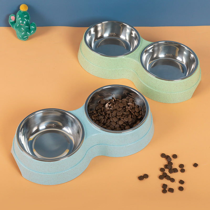 Double Stainless Steel Pet Bowl – Food & Water Feeder for Dogs & Cats | Green, Pink & Blue