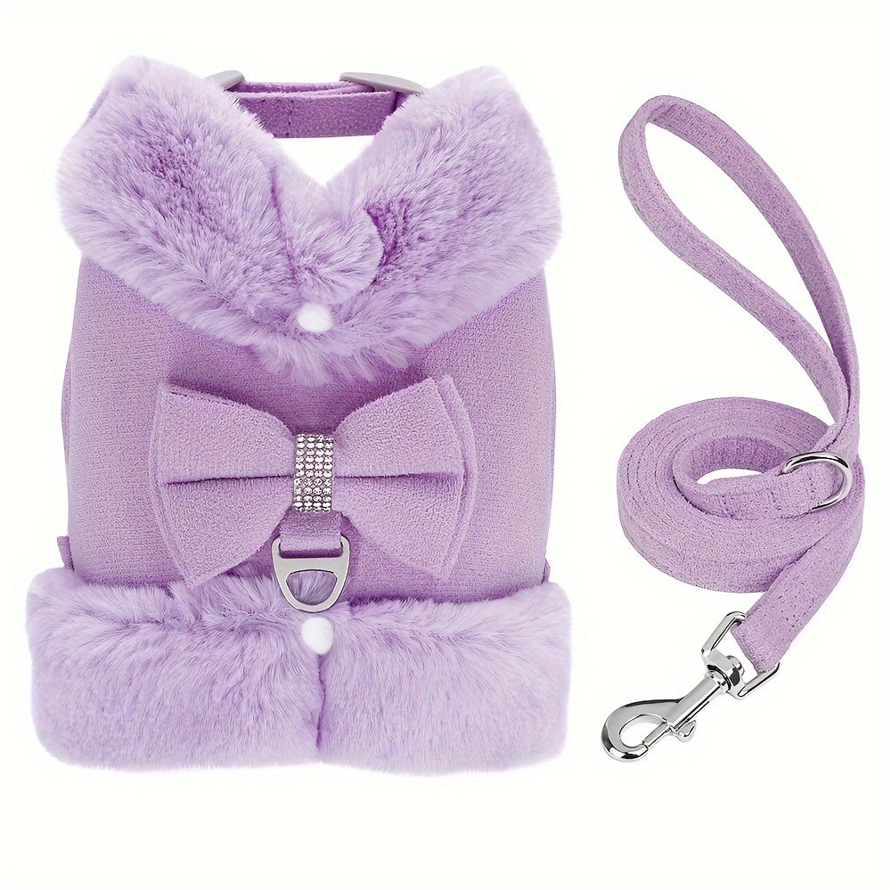 For Small And Medium Sized Dogs, Soft Fabric Dog Bow Tie Vest Harness Dress With Walking Traction Rope, Warm Dog Harness And Leash Set