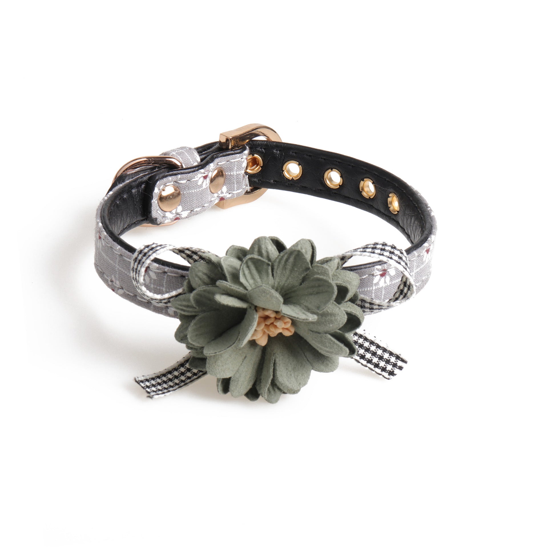 Flower Pinned Leather Pet Collar – Adjustable | Pink & Grey | 3 Collar Sizes + Matching Lead