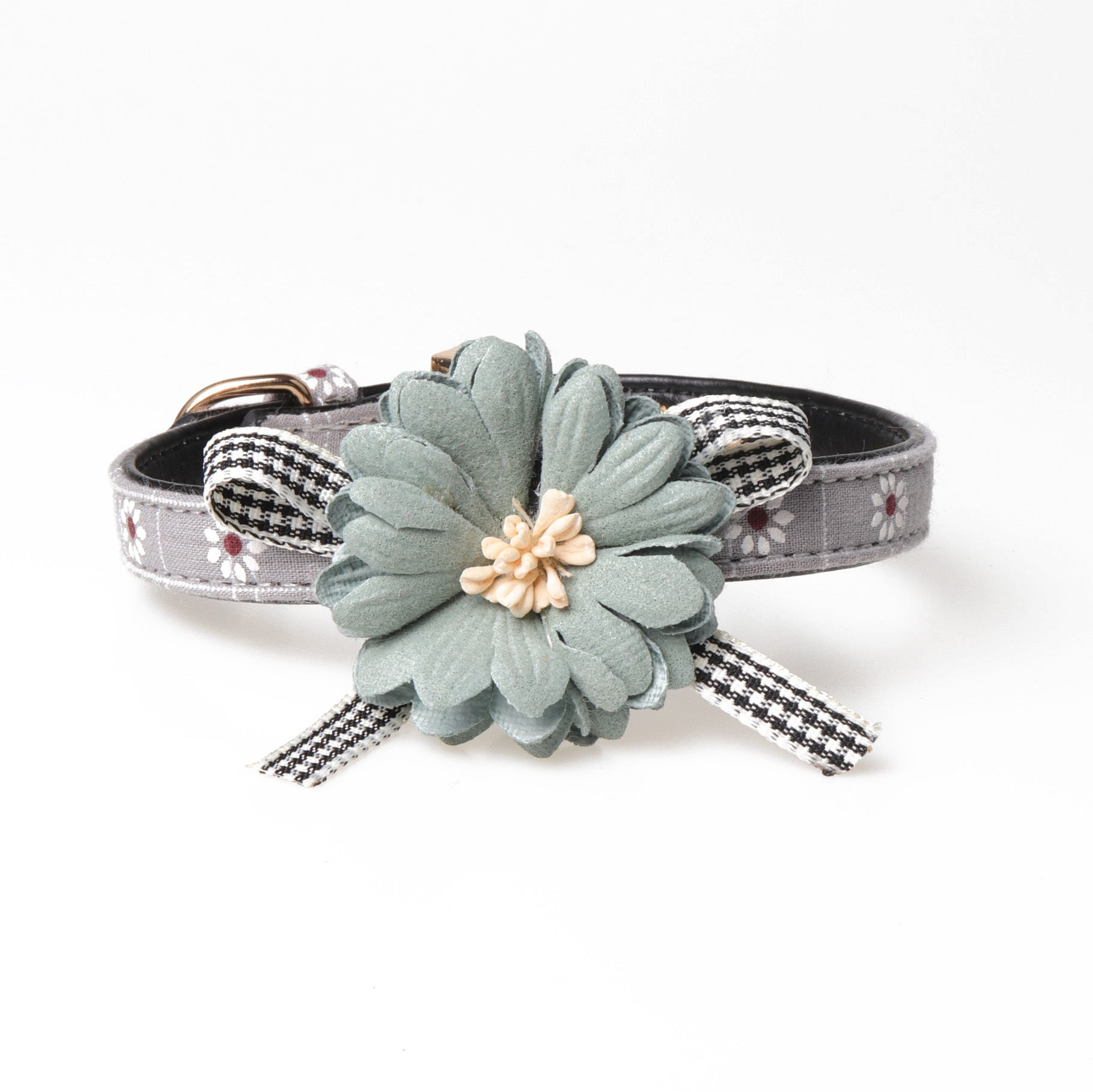 Flower Pinned Leather Pet Collar – Adjustable | Pink & Grey | 3 Collar Sizes + Matching Lead