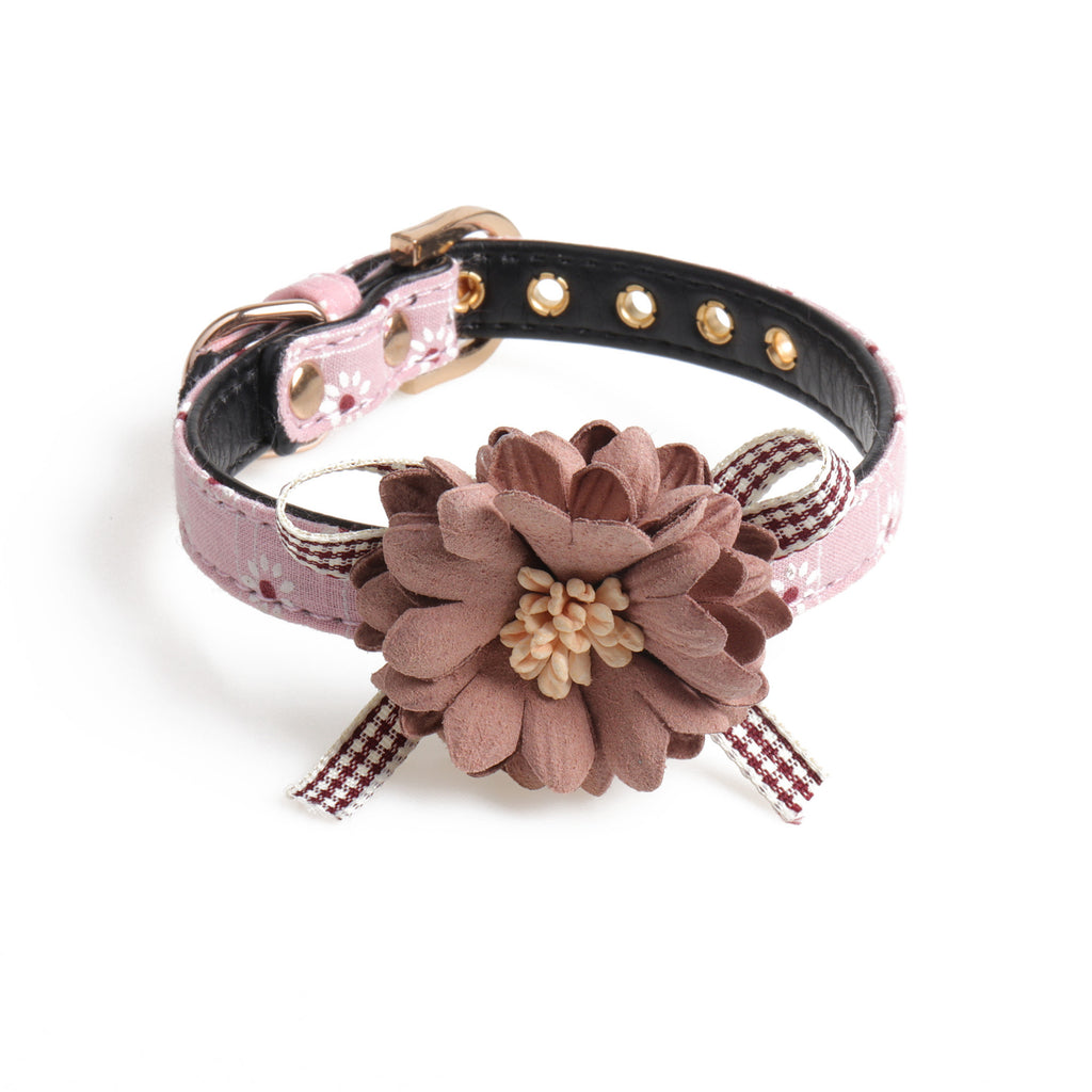 Flower Pinned Leather Pet Collar – Adjustable | Pink & Grey | 3 Collar Sizes + Matching Lead