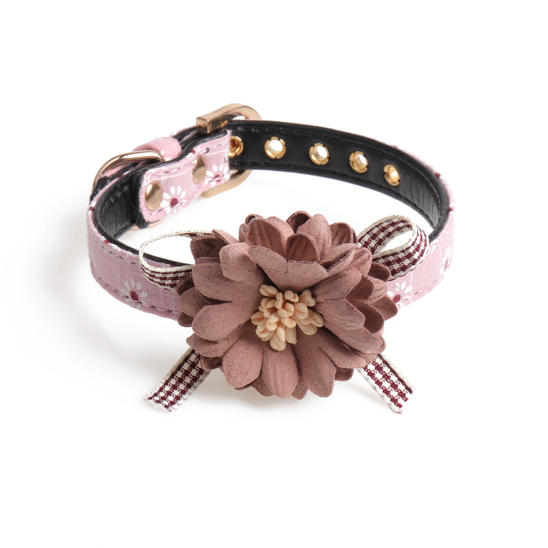 Flower Pinned Leather Pet Collar – Adjustable | Pink & Grey | 3 Collar Sizes + Matching Lead