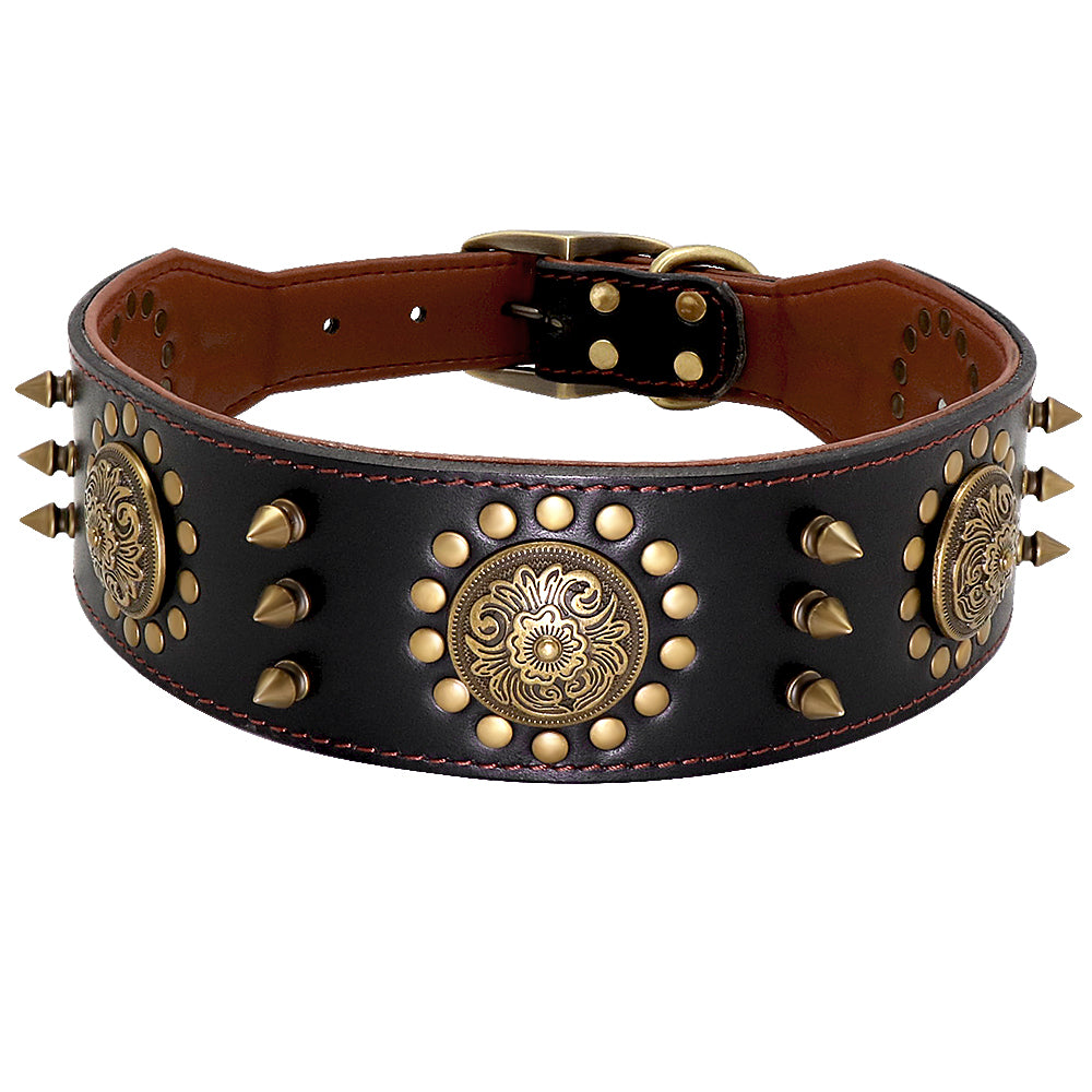 Studded Leather Dog Collar for Large Dogs – Durable Real Leather with Spike Detail | Brown & Black | L & XL