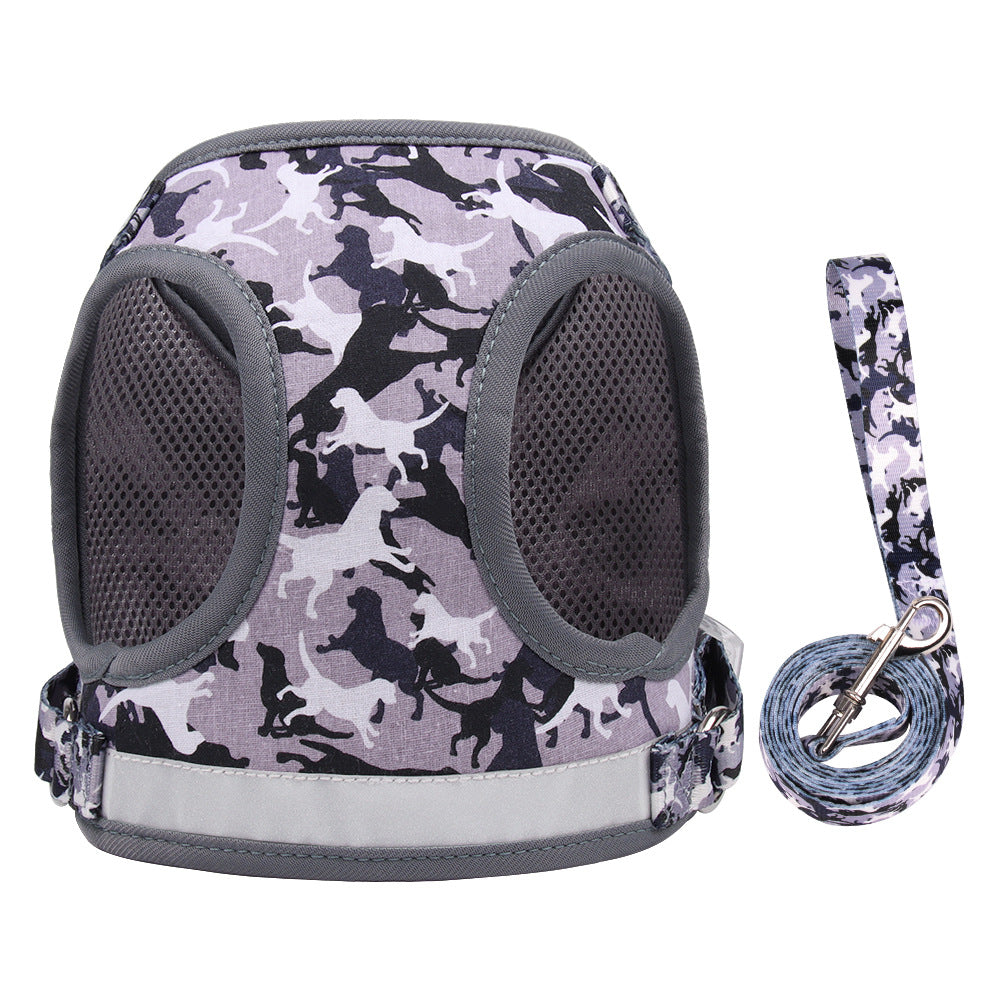 Reflective Breathable Pet Harness & Lead Set – Printed Design | Blue, Pink, Grey & Yellow | S–XL