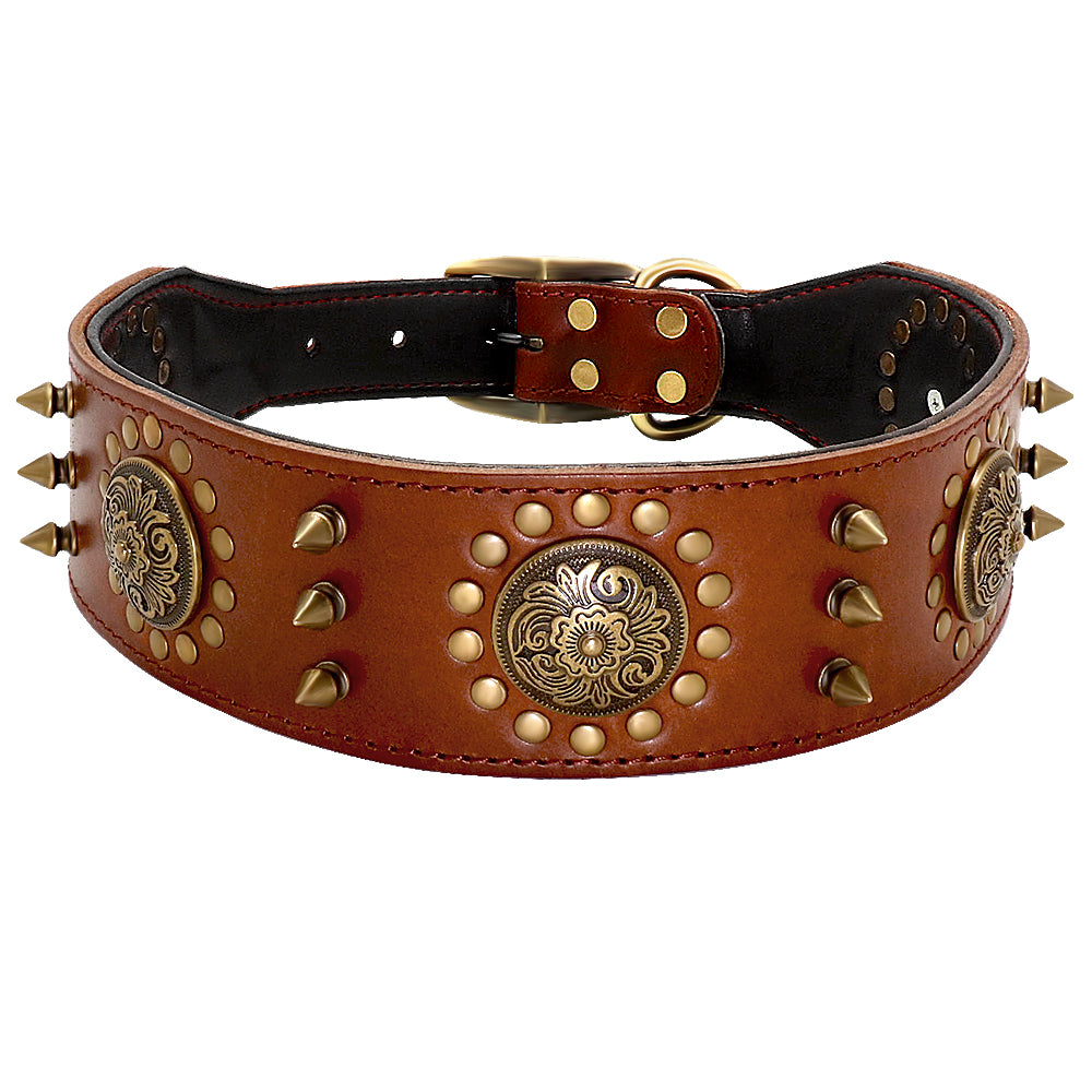 Studded Leather Dog Collar for Large Dogs – Durable Real Leather with Spike Detail | Brown & Black | L & XL
