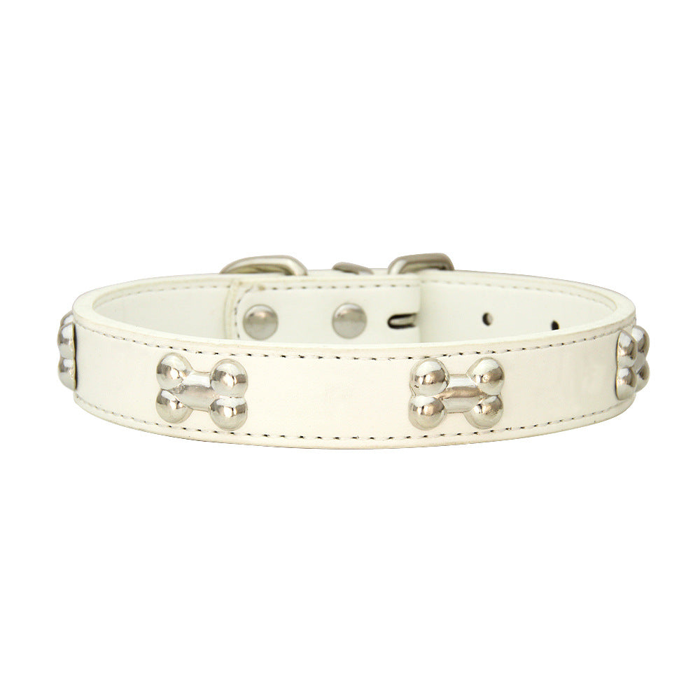 SilverBone Leather Dog Collar with Alloy Bone Buckle – Adjustable | 16 Colours | 4 Sizes