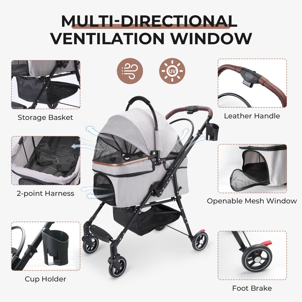4-Wheel Foldable Pet Stroller For Small Dogs & Cats - 360 Rotating Wheels, Detachable Carrier & Travel Bag Included