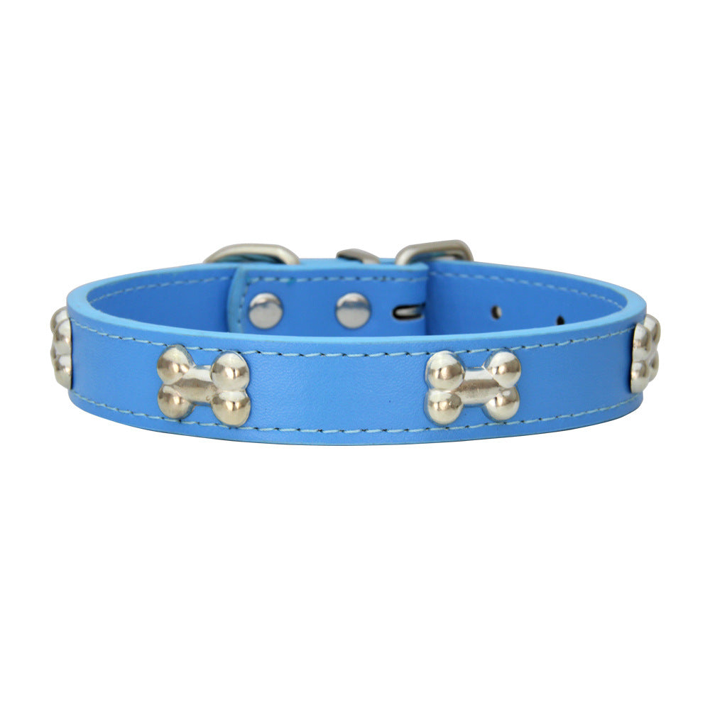 SilverBone Leather Dog Collar with Alloy Bone Buckle – Adjustable | 16 Colours | 4 Sizes