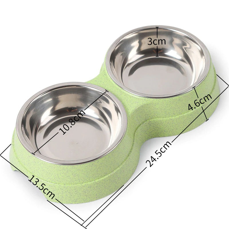 Double Stainless Steel Pet Bowl – Food & Water Feeder for Dogs & Cats | Green, Pink & Blue