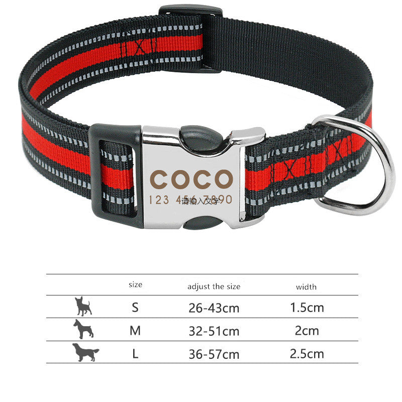 Custom Engraved Reflective Dog Collar - Personalised Name, Nylon, S/M/L