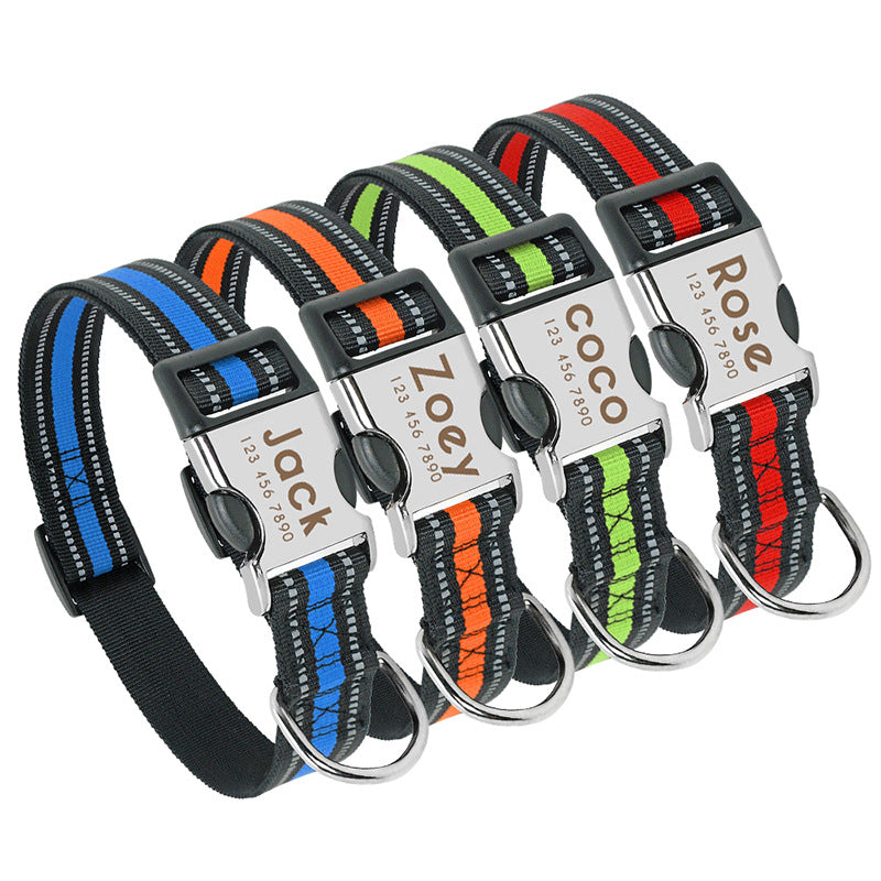 Custom Engraved Reflective Dog Collar - Personalised Name, Nylon, S/M/L
